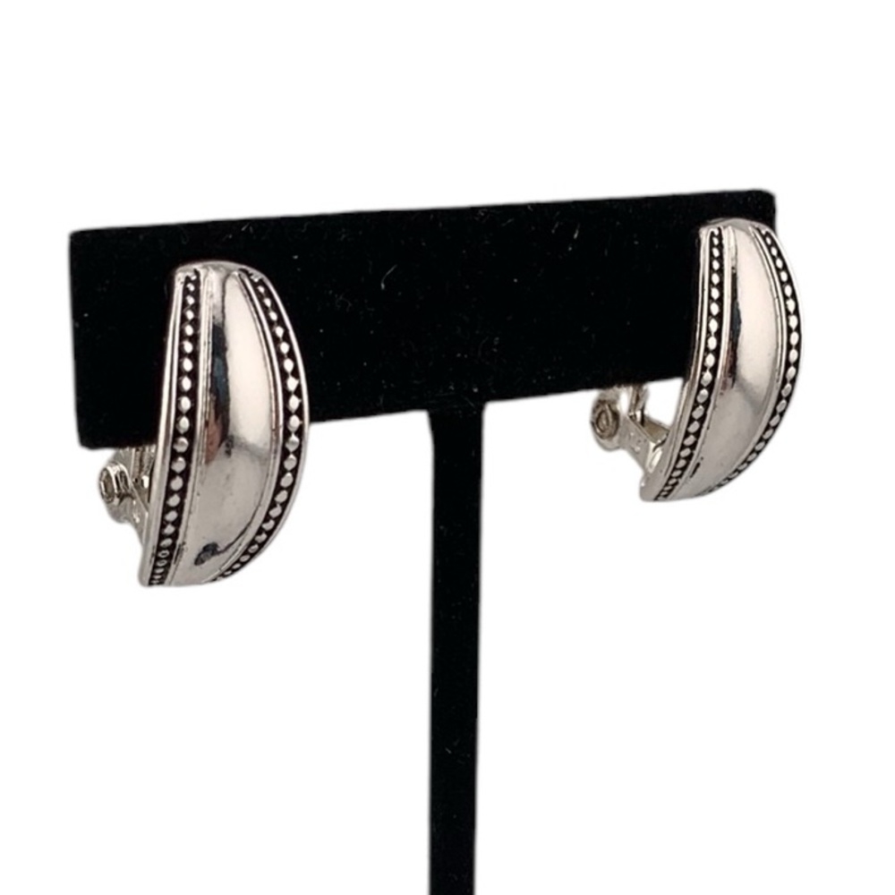 NAPIER Half Hoop Beaded Style Edging Silver tone Clip on Earrings 7/8" Modern